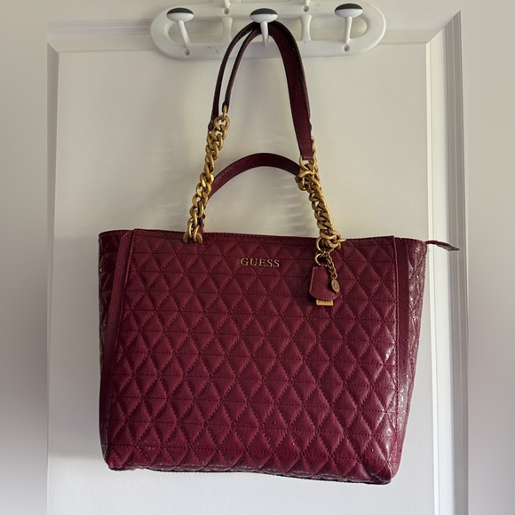 Guess Burgundy Quilted Tote with Gold Chain - Picture 2 of 12